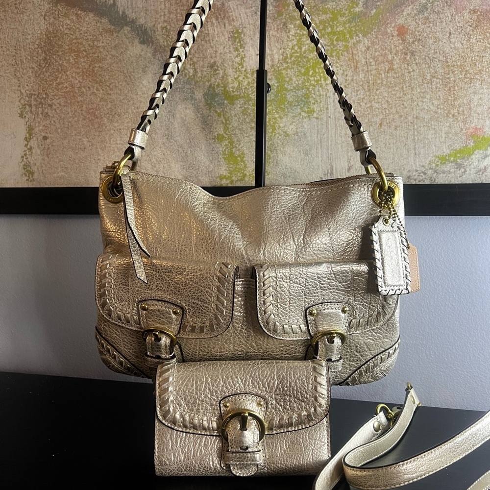 Coach Poppy Hippie Whipstitch Metallic Gold Leather Braided Bag and Wallet Set